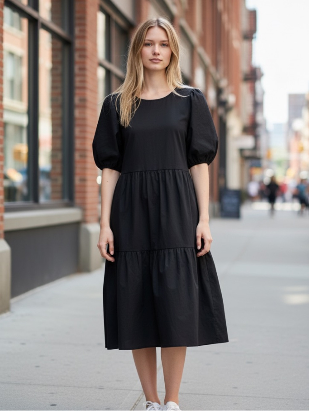EVERLANE Black Puff-Sleeve Tiered Midi Dress Size 6 Crisp Airy Cotton Breezy - Picture 5 of 12